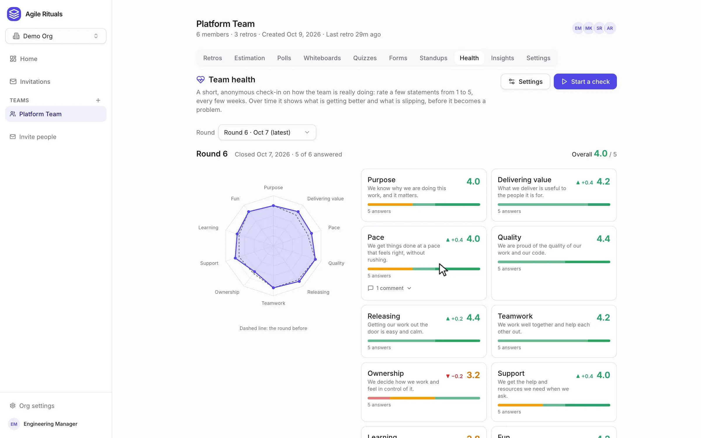 The team health check results: a radar chart and a card for each statement with its average score and how it moved since the round before. The clip steps from the first round to the latest.