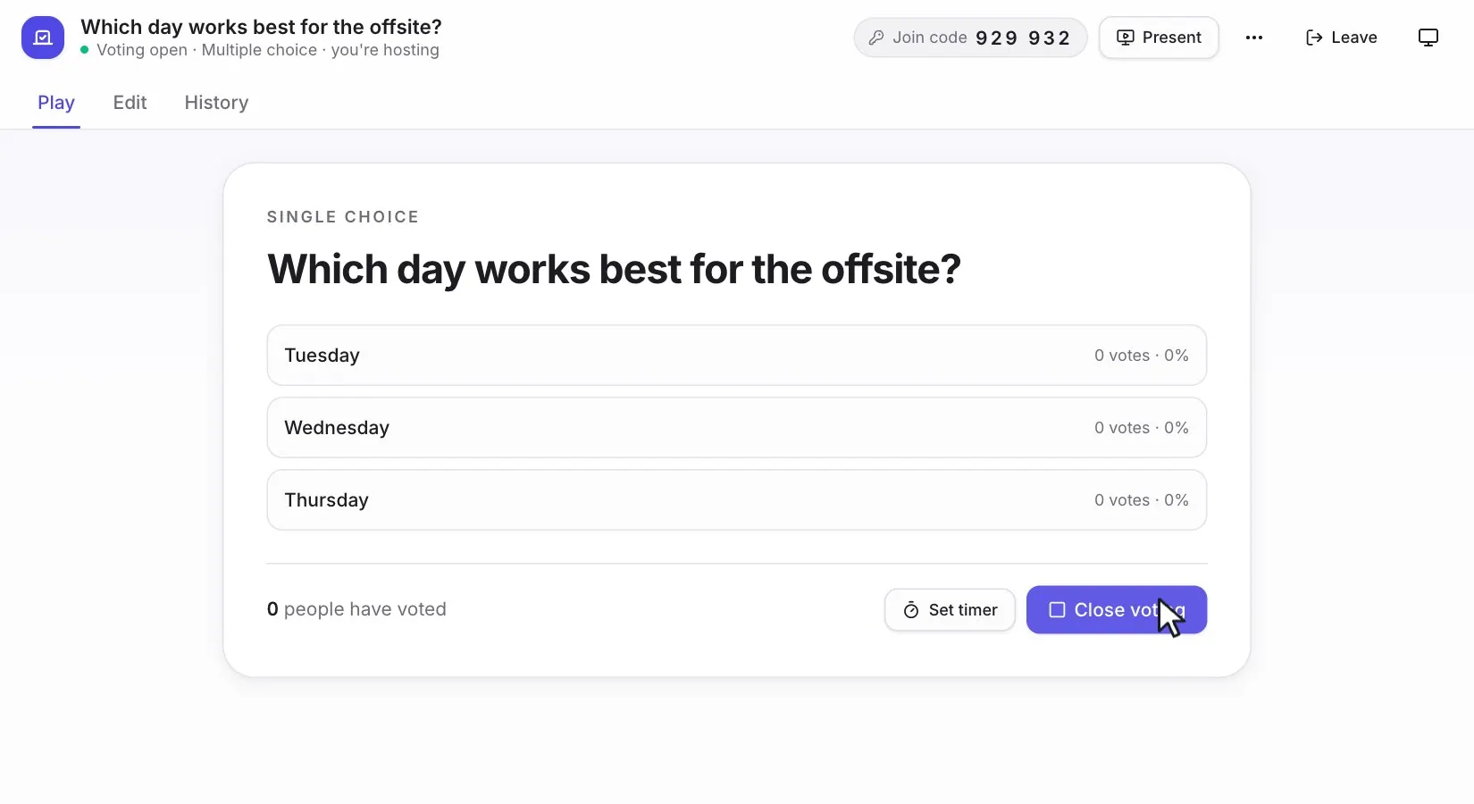 A multiple choice poll, Which day works best for the offsite? The bars fill in live as five people vote and settle at Wednesday 3 votes, Tuesday 1 and Thursday 1.