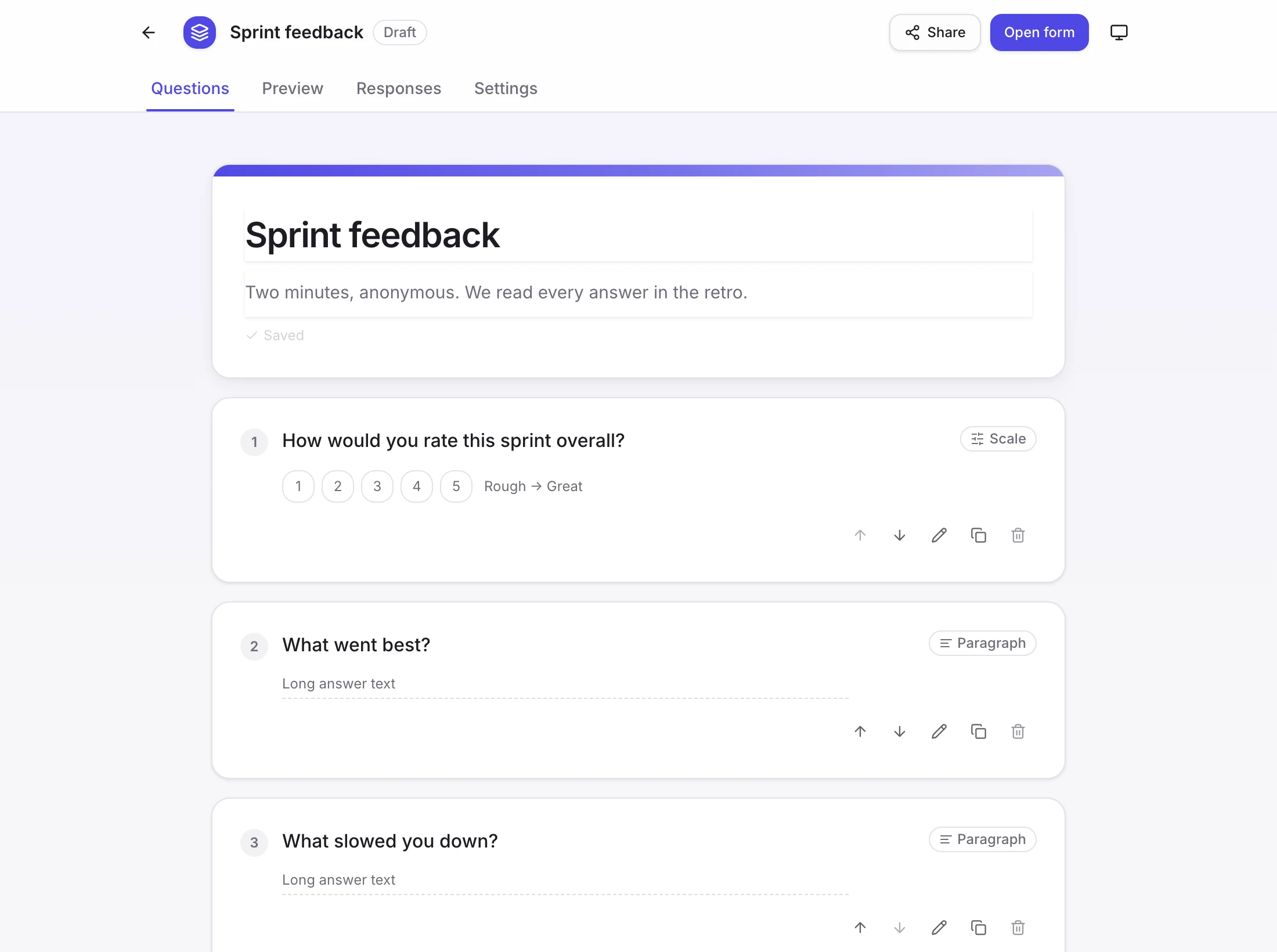 The form builder with a title, a description and three questions: a 1 to 5 scale labelled Rough to Great, and two paragraph questions.