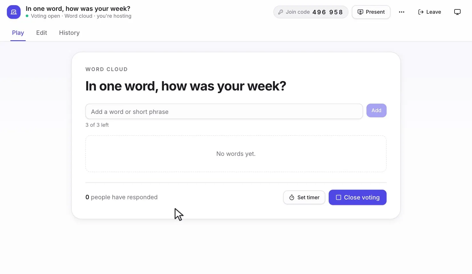 A word cloud poll asking In one word, how was your week? Words appear as six teammates answer, and the most common one, busy, grows biggest.